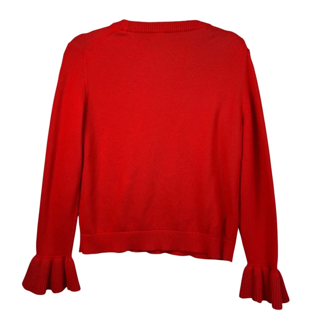 J. Crew Sweater M Red Cotton‎ Ruffle Cuff Long Sleeve Crew Neck